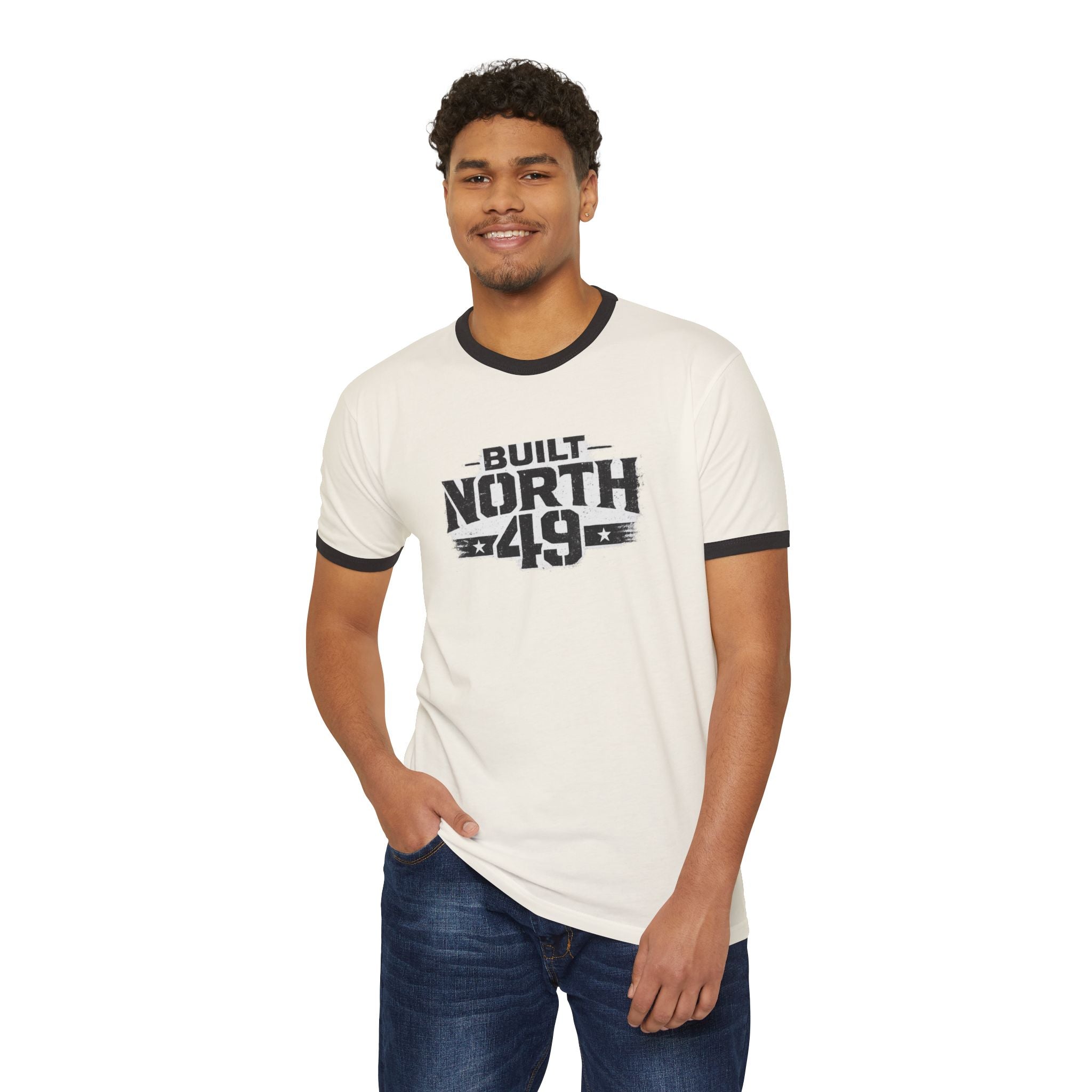 Built North 49 Ringer T-Shirt — Vintage Athletic Graphic Tee, Forged by grit, carried by courage, built north of 49