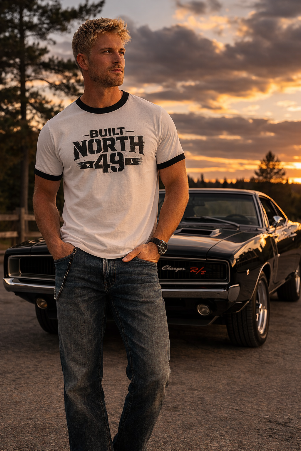 Built North 49 Ringer T-Shirt — Vintage Athletic Graphic Tee, Forged by grit, carried by courage, built north of 49