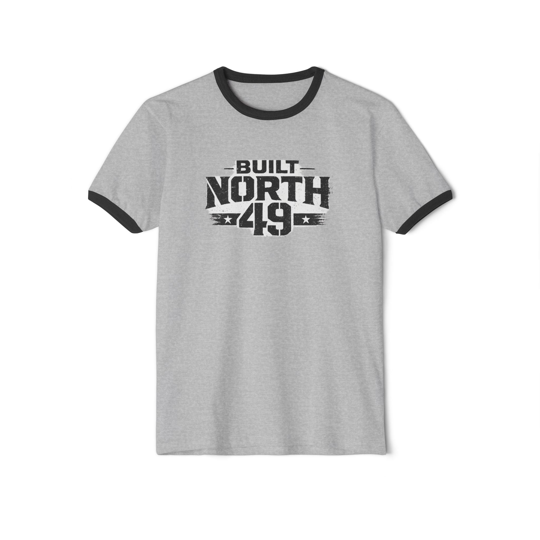 Built North 49 Ringer T-Shirt — Vintage Athletic Graphic Tee, Forged by grit, carried by courage, built north of 49