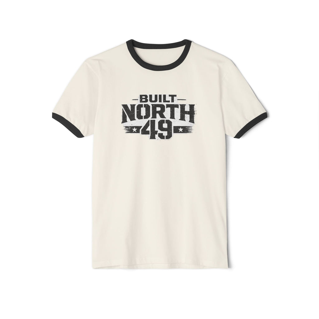 Built North 49 Ringer T-Shirt — Vintage Athletic Graphic Tee, Forged by grit, carried by courage, built north of 49