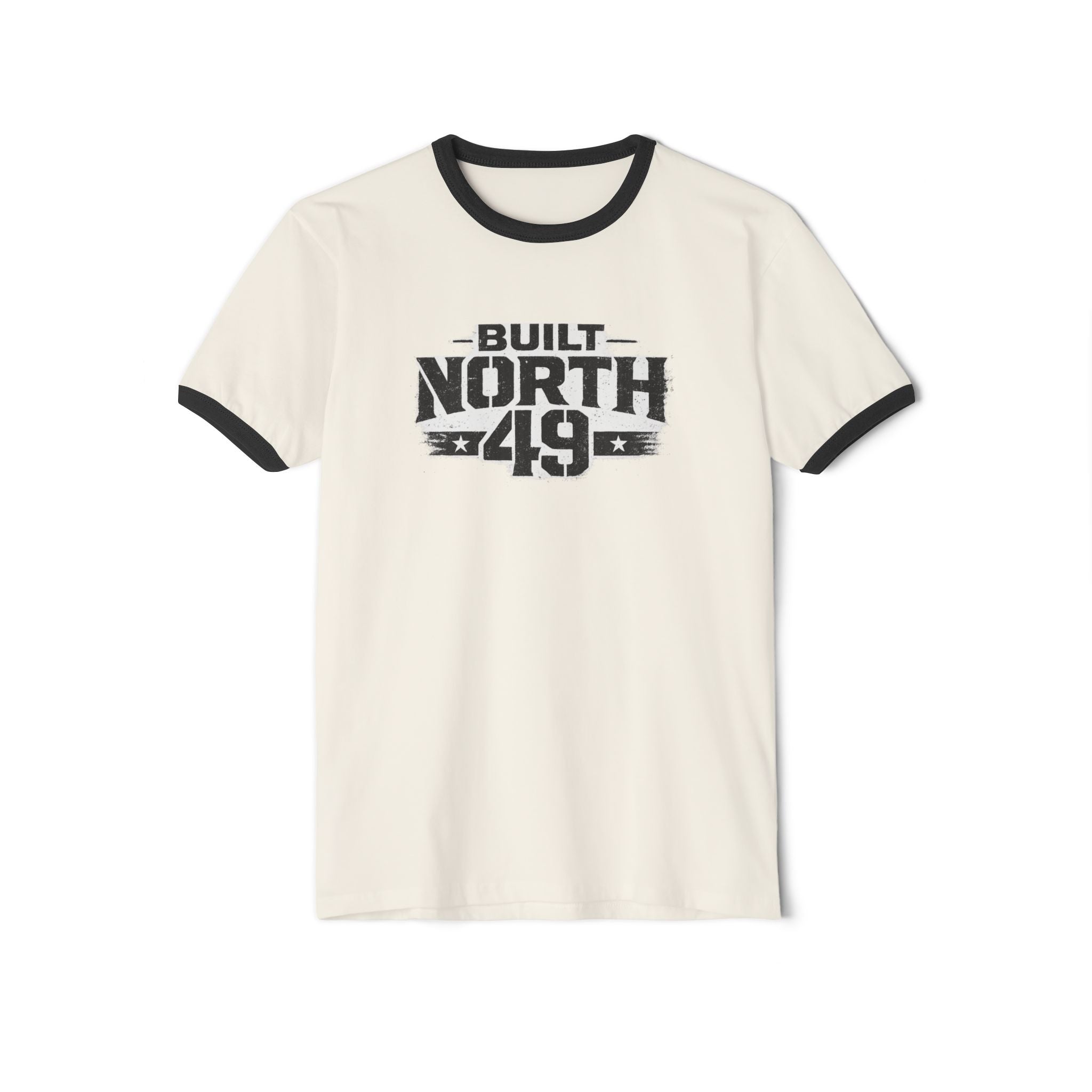 Built North 49 Ringer T-Shirt — Vintage Athletic Graphic Tee, Forged by grit, carried by courage, built north of 49