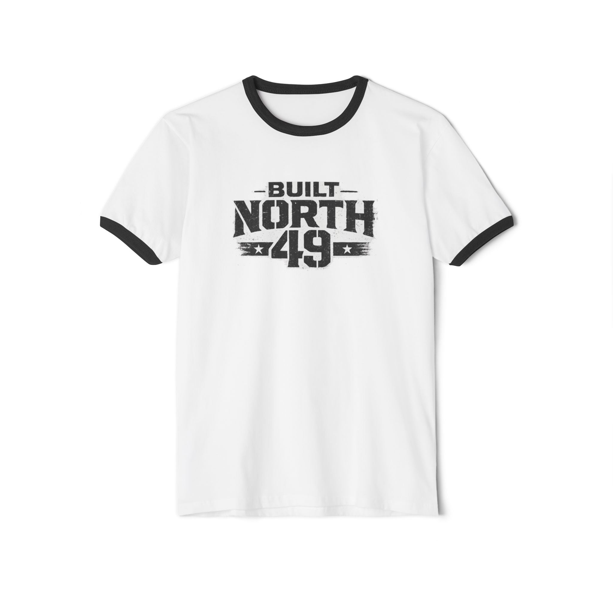 Built North 49 Ringer T-Shirt — Vintage Athletic Graphic Tee, Forged by grit, carried by courage, built north of 49